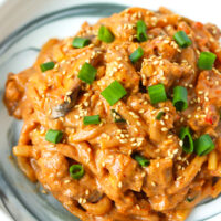 Closeup front view of creamy kimchi udon noodles with blended tofu sauce on a plate.