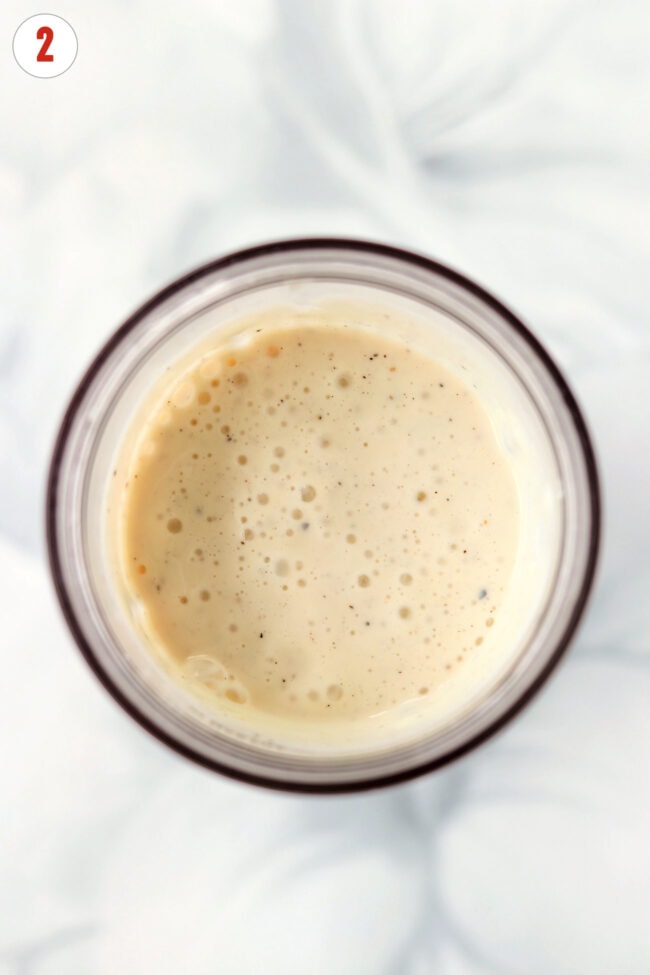Blended creamy silken tofu sauce in a mini blender.