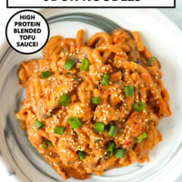 Creamy kimchi udon noodles with chicken on a plate. Text overlay "Creamy Kimchi Chicken Udon Noodles", "High Protein Blended Tofu Sauce!" and "That Spicy Chick".