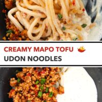 Chopsticks noodle pull and bowl with Sichuan style ground pork, noodles, and tofu sauce. Text overlay "Creamy Mapo Tofu Udon Noodles".