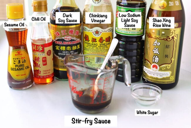 Labeled stir-fry sauce ingredients for mapo pork.