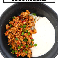 Bowl with spicy ground pork, noodles, and creamy white sauce. Text overlay "Creamy Mapo Tofu Udon Noodles" and "That Spicy Chick".