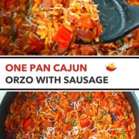 Spatula holding up a serving of cajun orzo and top view of Cajun orzo with peppers and sausage in a skillet. Text overlay "One Pan Cajun Orzo with Sausage".
