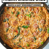 Closeup of sausage with orzo in a pan garnished with basil. Text overlay "One Pan Spicy Italian Sausage Orzo", "Quick & Easy Weeknight Dinner!" and "That Spicy Chick".