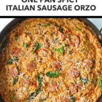 Closeup of sausage with orzo in a pan garnished with basil. Text overlay "Quick Weeknight Dinner!", "One Pan Spicy Italian Sausage Orzo", and "That Spicy Chick".