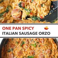 Spatula with a serving of creamy sausage orzo and sausage orzo in a pan garnished with basil. Text overlay "One Pan Spicy Italian Sausage Orzo".