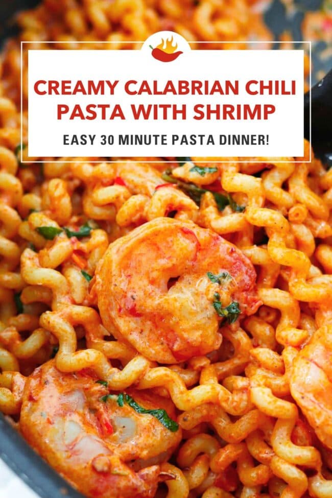 Calabrian chili pasta and shrimp in a nonstick pan. Text overlay "Creamy Calabrian Chili Pasta with Shrimp" and "Easy 30 MinutePasta Dinner!"
