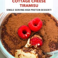 Front view of hand holding a dish with tiramisu and a spoon. Text overlay "Cottage Cheese Tiramisu", "Single Serving High Protein Dessert!" and "That Spicy Chick".