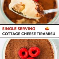 Spoon holding up a bite and small dish with cocoa powder dusted tiramisu with raspberries. Text overlay "Single Serving Cottage Cheese Tiramisu".