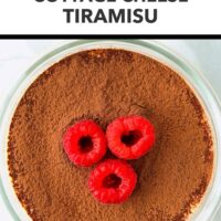 Top view of cocoa powder dusted tiramisu with raspberries. Text overlay "Single Serving High Protein Dessert!", "Cottage Cheese Tiramisu", and "That Spicy Chick".