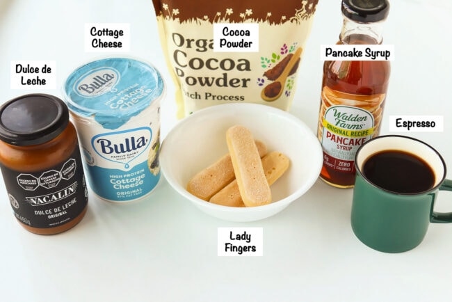 Labeled ingredients for Single serving cottage cheese tiramisu.