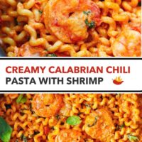 Closeup of Calabrian chili pasta with prawns in a skillet. Text overlay "Creamy Calabrian Chili Pasta with Shrimp".
