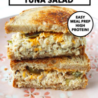 Healthy tuna salad sandwich with melted cheddar and pickled jalapeños on a plate. Text overlay "Cottage Cheese Tuna Salad", "Easy Meal Prep High Protein!" and "That Spicy Chick".