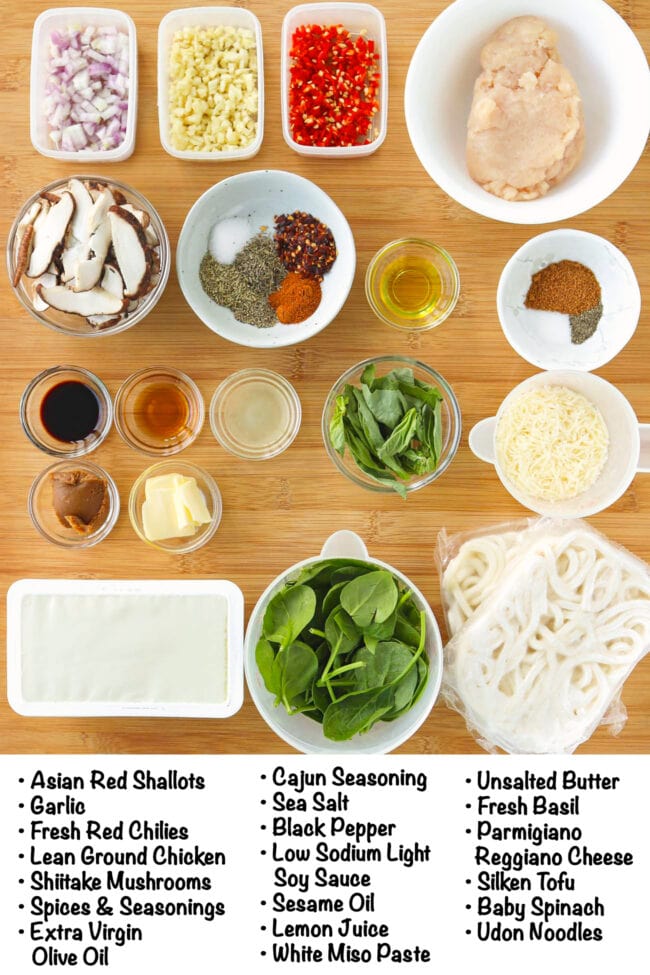 Labeled ingredients for Creamy Mushroom Udon Noodles (Silken Tofu Sauce).