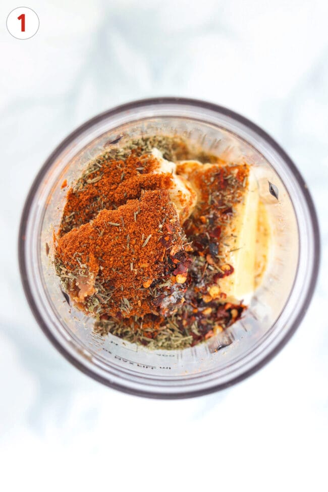 Spicy creamy miso silken tofu sauce ingredients in a mini blender.