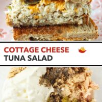 High protein tuna salad sandwich with cheddar on a plate and ingredients in a bowl. Text overlay "Cottage Cheese Tuna Salad".