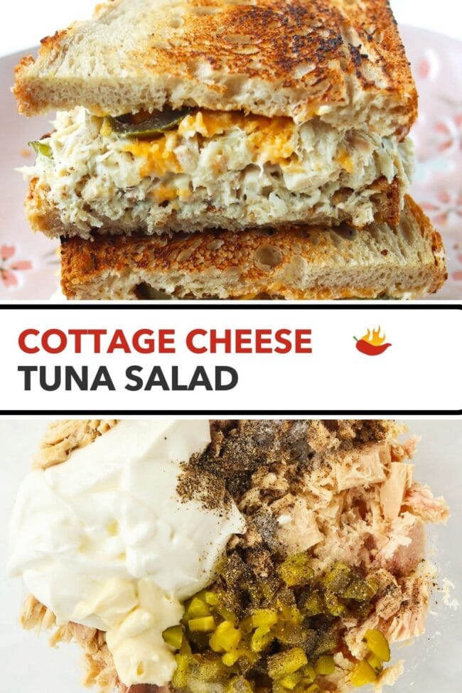 High protein tuna salad sandwich with cheddar on a plate and ingredients in a bowl. Text overlay "Cottage Cheese Tuna Salad".