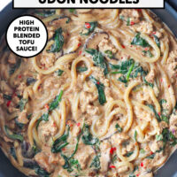 Top view of pan with udon noodles in a creamy sauce with chicken, mushrooms and spinach. Text overlay "Creamy Mushroom Udon Noodles", "High Protein Blended Tofu Sauce!" and "That Spicy Chick".