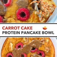 Closeup of spoon with a bite of carrot cake pancake and a glass meal prep container with carrot cake protein pancake topped with raspberries, chopped walnuts and pecan butter. "Carrot Cake Protein Pancake Bowl".