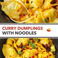 Closeup of spoon with a dumpling in a bowl of curry dumpling with noodles topped with chili crisp and coriander. Text overlay "Curry Dumplings with Noodles".