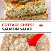 High protein salmon salad sandwich with cheddar on a plate and ingredients in a bowl. Text overlay "Cottage Cheese Salmon Salad".