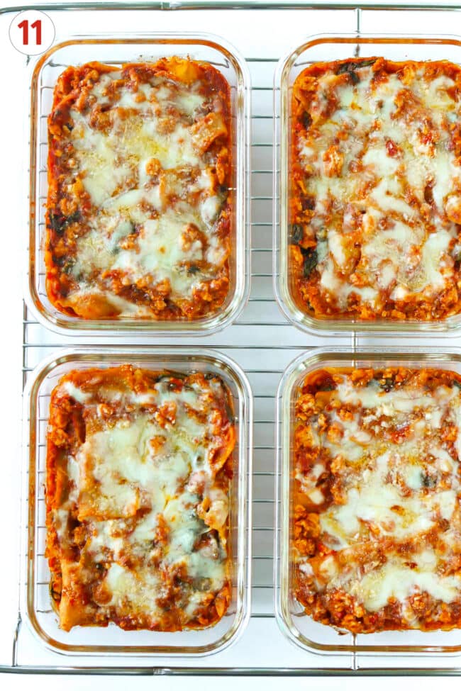 Baked skillet vodka sauce lasagna with melted mozzarella cheese in meal prep containers on a wire rack.