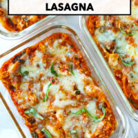 Spicy chicken lasagna with melted cheese in glass meal prep dishes. Text overlay "Skillet Vodka Sauce Lasagna" and "That Spicy Chick".