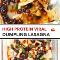 Spoon with a bite of dumpling lasagna and a glass dish with dumpling lasagna topped with chili crisp and spring onions. Text overlay "High Protein Viral Dumpling Lasagna".