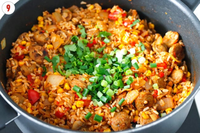 Added spring onion and cilantro to skillet with cooked chicken sausage, rice and veggies.