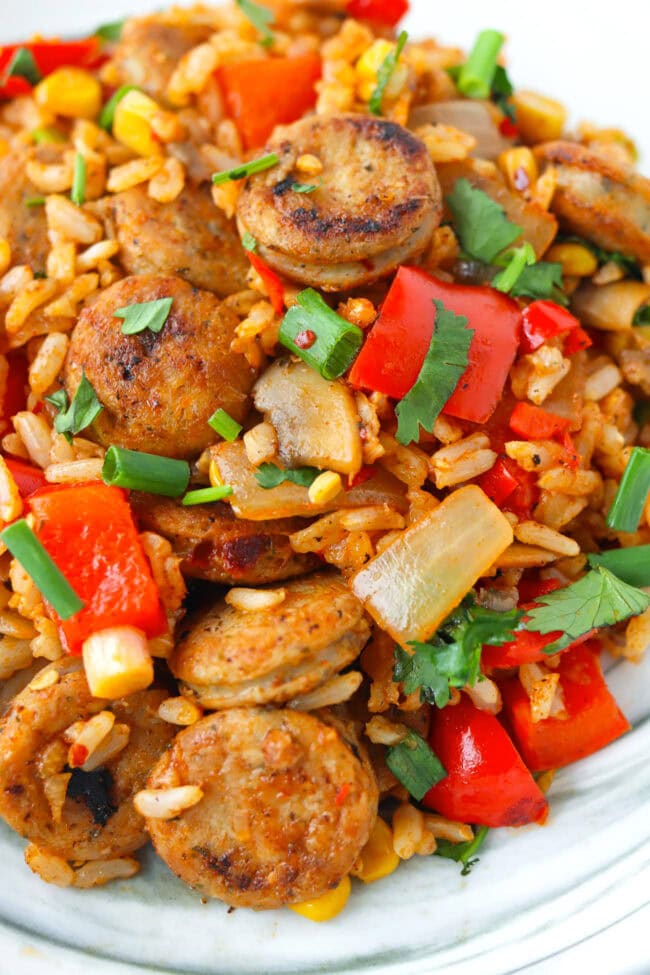 Closeup front view of plate with chicken sausage and rice with veggies.