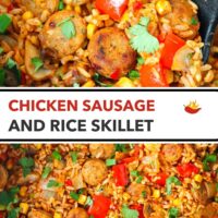 Closeup of pan with chicken sausage with rice and veggies. Text overlay "Chicken Sausage and Rice Skillet".