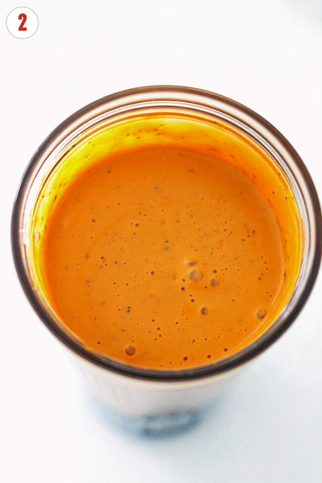 Mini blender with creamy blended tofu Buldak sauce.