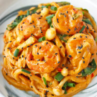 Closeup front view of plate with creamy tofu sauce buldak udon noodles with shrimp garnished with black sesame seeds and spring onions.