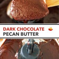 Spatula with chocolate pecan butter dripping down into a food processor bowl. Text overlay, "Dark Chocolate Pecan Butter".