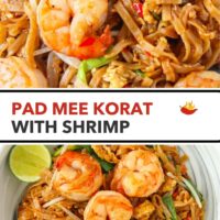 Fork in a plate with spicy Thai rice noodles stir-fry with shrimp and plate with noodles dish. Text overlay "Pad Mee Korat with Shrimp".