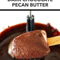 Chocolate pecan butter dripping from a spatula into a food processor bowl. Text overlay, "Easy | Healthy | Homemade", "Dark Chocolate Pecan Butter", and "That Spicy Chick".