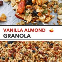 Closeup of vanilla almond granola on a spoon and on a baking tray Text overlay "Vanilla Almond Granola".