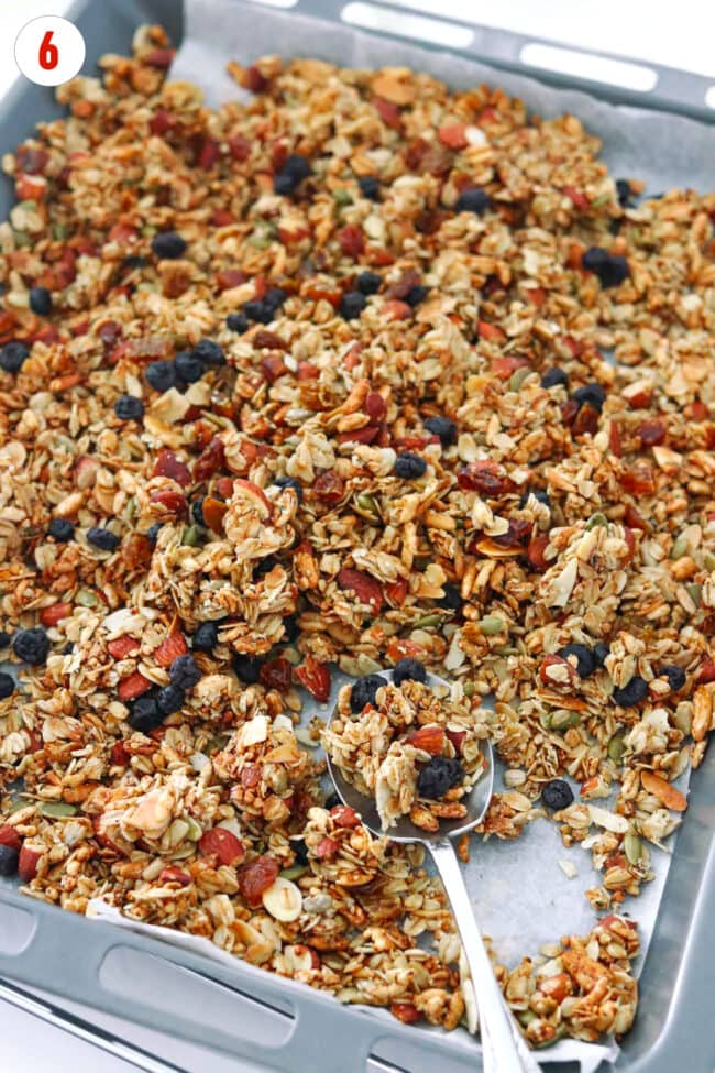 Dried blueberries and raisins on top of vanilla almond granola on a baking tray with a spoon.