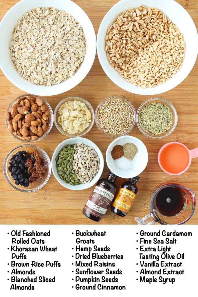 Labeled ingredients for Vanilla Almond Granola recipe on wood board.