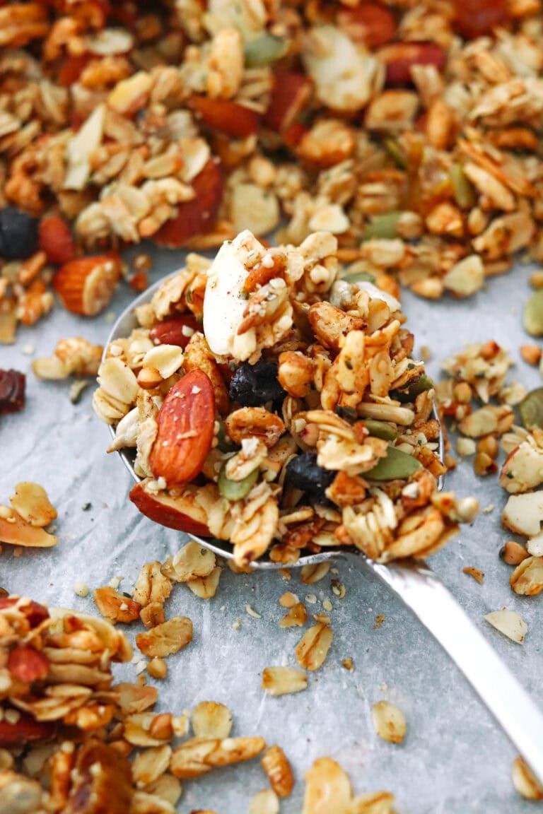 Closeup of spoon with vanilla almond granola with dried blueberries.