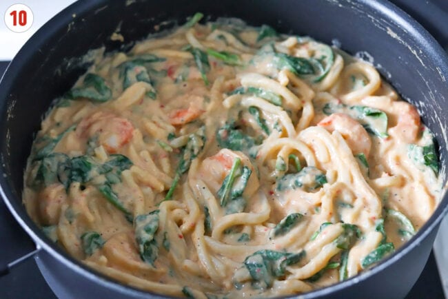 Pan with chili oil white bean sauce miso udon noodles with shrimp.