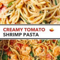 Fork noodle twirl in plate with pasta dish and skillet with cherry tomato cream sauce pasta with spinach and basil topped. Text overlay "Creamy Tomato Shrimp Pasta".