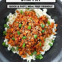 Korean ground chicken in a bowl with rice. Text overlay "Korean Chicken Stir-fry", "Quick & Easy | Meal Prep Friendly", and "That Spicy Chick".