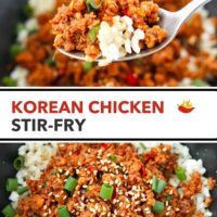 Chicken and rice on a spoon and Korean ground chicken rice bowl. Text overlay "Easy Korean Chicken Stir-fry".