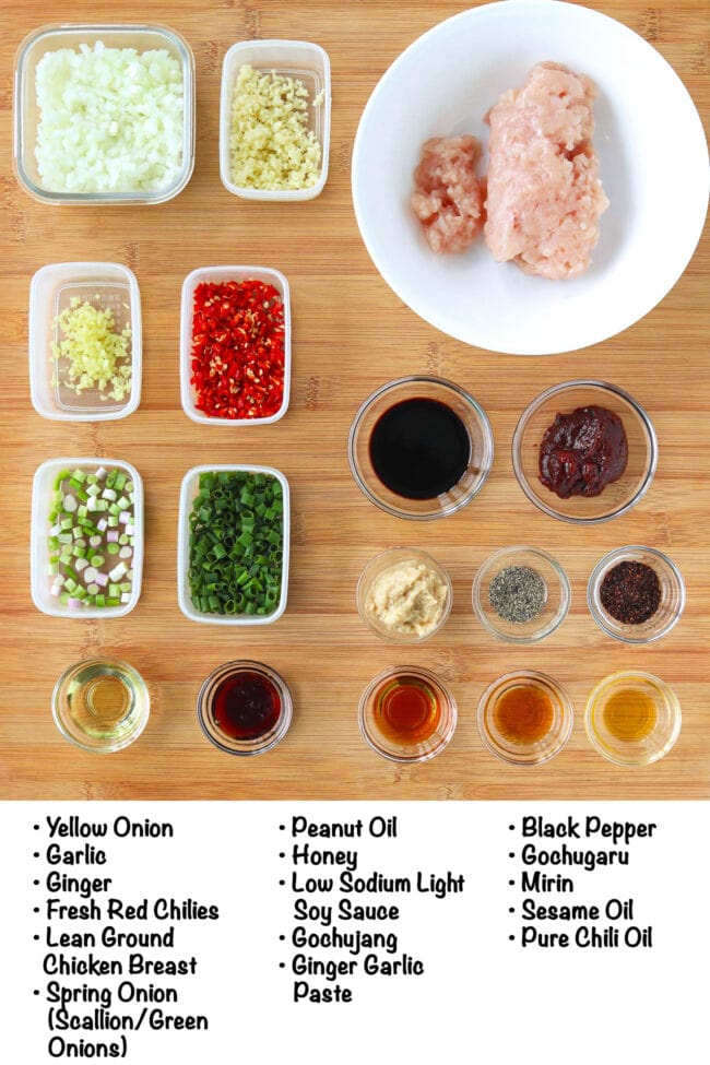 Labeled ingredients for Korean Chicken Stir-fry.