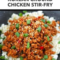 Korean ground chicken in a bowl with rice, green onions, and sesame seeds. Text overlay "Easy Dinner | Meal Prep Friendly", "Korean Ground Chicken Stir-fry".