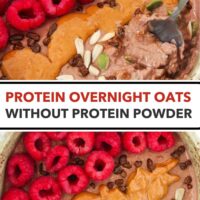 Spoon in bowl of overnight oats with raspberries, seeds, peanut butter and cacao nibs. Text overlay "Protein Overnight Oats without Protein Powder".