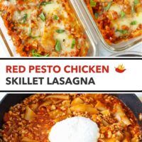 Chicken lasagna in meal prep dishes and pan of lasagna with cottage cheese. Text overlay "Red Pesto Chicken Skillet Lasagna".