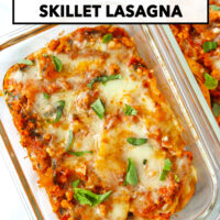 Chicken pesto lasagna in a meal prep dishes topped with sliced basil. Text overlay "Red Pesto Chicken Skillet Lasagna" and "That Spicy Chick".