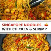 Tongs holding up a bunch of noodles from a wok and a wok with curry rice vermicelli noodles with chicken, shrimp and vegetables. Text Overlay "Singapore Noodles with Chicken & Shrimp".